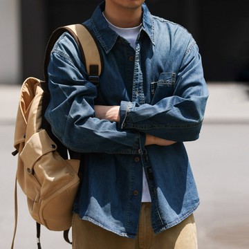 Wuluwear 美式復古190g竹節紋理感牛仔襯衫男士寬鬆長袖襯衫外套