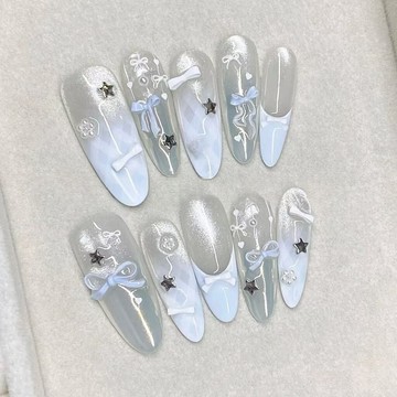 🎀新店開業🎀蝴蝶結貓眼星星半手工穿戴ins法式高級顯白氛圍指甲貼片美甲小眾