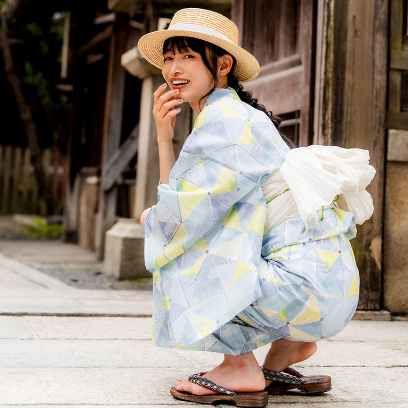 浴衣 仕立て上り ブルーストライプに花柄 綿絽 絽目 Ｍ