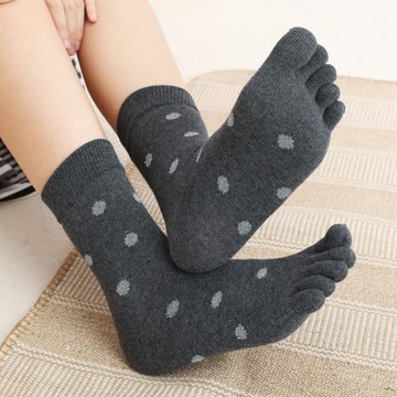 秋冬五指襪女中筒分腳趾棉襪子保暖厚圓點提花吸汗透氣素色高彈