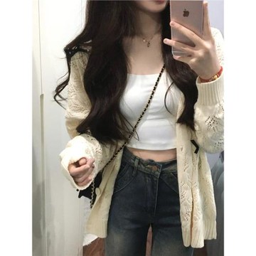 甜美軟糯鏤空針織開衫早秋季新款外搭上衣薄款空調衫寬松慵懶外套