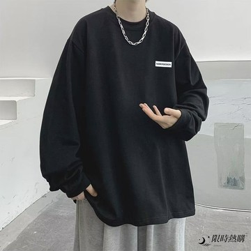 ✨限時熱購⚡ 韓係長袖 長袖T恤 男 酒紅色 寬鬆 印花 圓領 打底 港風 潮流 秋季 薄款 衣服 上衣 t恤