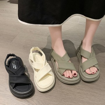 【限量現貨】【35-41全尺碼】韓風皮革交叉後鬆緊帶厚底涼鞋．白鳥麗子