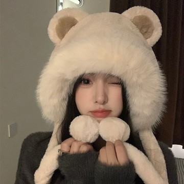 秋冬新款🏅2024韓系秋冬季帽子女 保暖冷帽針織百搭加厚熊耳朵毛綫雷鋒帽 秋冬毛帽 雙面毛絨帽 小熊帽 球球帽 可愛造型