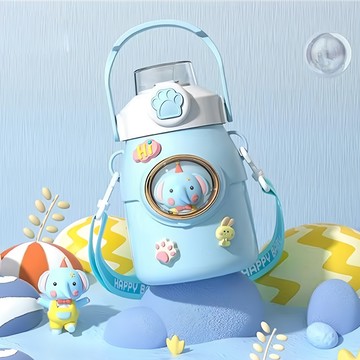 Mass 萌寵兒童不銹鋼保溫吸管杯 650ml  冰霧藍 + 大象  1個