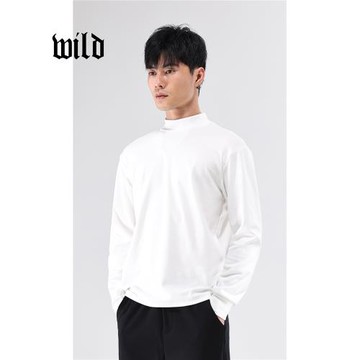 男士純白t恤 半高領打底衫長袖潮牌休閑高級感春夏季內搭中領衛衣