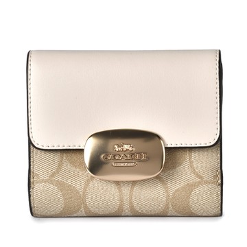 COACH ELIZA 金屬橢圓標誌 滿版C LOGO PVC拼接皮革壓釦短夾-卡其/白色