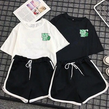 【100KG大尺碼套裝】兩件套套裝女夏季新款ins小熊貓學生短袖T恤短褲休閑運動服女