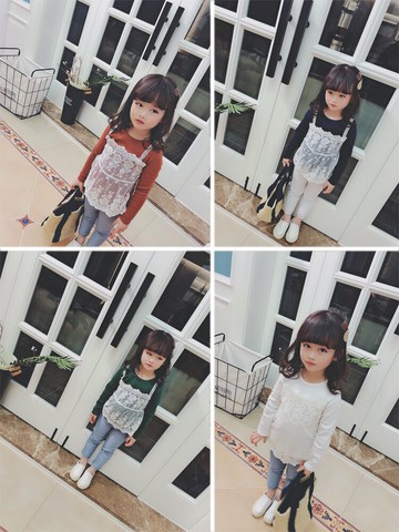 中小童春季新款 女童假兩件吊帶蕾絲T恤 坑條打底衫寶寶上衣1入