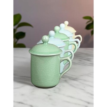 流轉千年青瓷小號辦公茶杯陶瓷帶蓋有柄會議杯中式個人杯家用茶杯