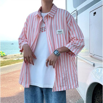 男襯衫外套 寬條紋 七分袖條紋襯衫 雙色 清新氣質 條紋 短袖襯衫  休閒襯衫男(ASN187)【FIZZE】