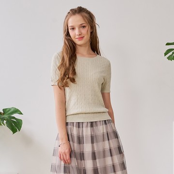 【CUMAR】花紗麻花圓領針織短袖上衣 綠 桔 黃(魅力商品)