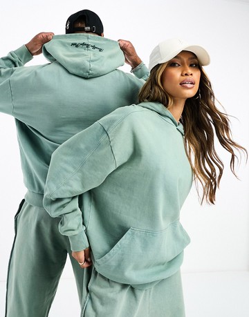ASOS DESIGN co-ord oversized hoodie in washed teal with distressed seam details and embroidery-Green