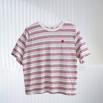 條紋小蘋果刺繡寬鬆短袖 T 恤380848