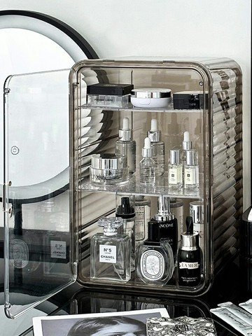 化妝品收納盒梳妝臺香水護膚品置物架高級感桌面透明防塵展示柜箱 雙11全館免運