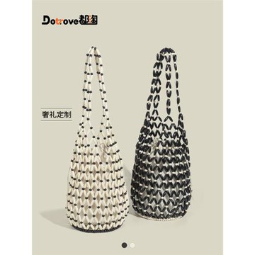 CAPIE&KURI小眾設計復古串珠水桶包女手工編織鏤空百搭單肩手提包