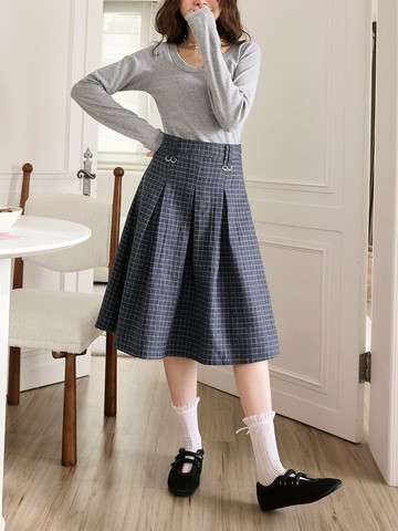 經典格紋打褶後鬆緊中長裙