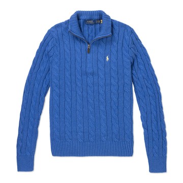 RALPH LAUREN POLO RL 熱銷刺繡小馬立領半開襟麻花毛衣-寶藍色