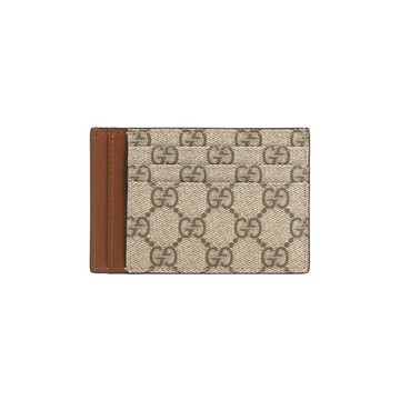 [平輸]GUCCI GG Emblem 塗層帆布及皮革多卡卡片夾(米色/深棕色)