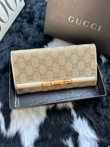 中古包 Gucci 古馳 Bamboo GG 緹花帆布長銀包