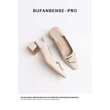 2022年新款百搭春夏季真皮一字扣帶粗跟單鞋女方頭高跟鞋包頭涼鞋