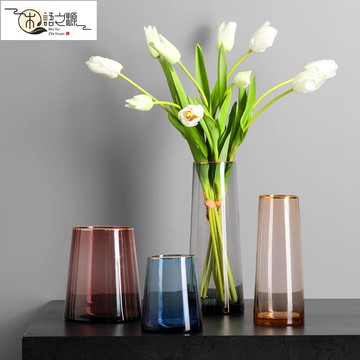 免運 現貨速發高級藝術藏品擺件北歐彩色透明描金邊玻璃花瓶擺件輕奢客廳餐桌面插花器家居裝飾品