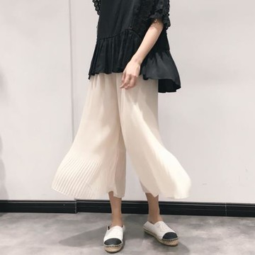2025夏裝新款松緊腰壓褶九分褲子寬松女裝chic甜美飄逸雪紡闊腿褲