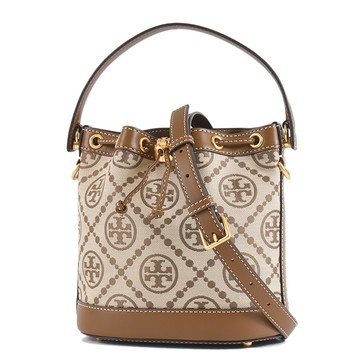 TORY BURCH 專櫃款 緹花LOGO織布拚皮革手提/斜背二用水桶包-榛果棕/中