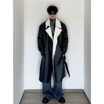 雨東林/韓國ins大翻領長款風衣男士寬松休閑皮毛一體腰帶皮衣外套