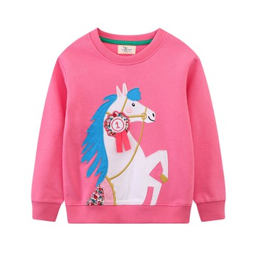 Jumping meters - 棉質圓領長袖上衣/大學T-第一馬兒-粉色