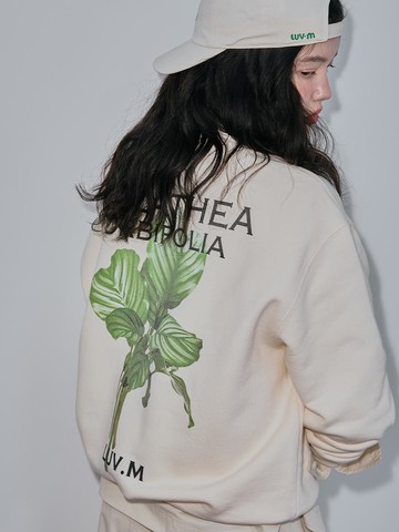 Calathea Print Cotton Round Neck Sweatshirt [Beige]
