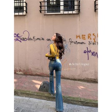 ACHI大也池藍色高腰微喇叭牛仔褲女復古修身顯瘦長褲彈力提臀褲子