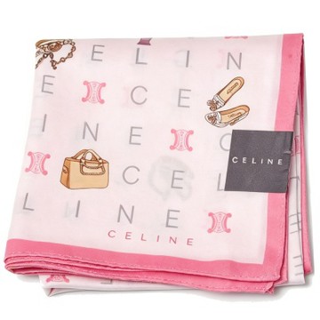 CELINE 粉紅底可愛配件包包字母印花圖騰LOGO帕領巾(52CM)