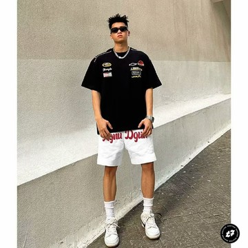美式vibe高街字母印花抽繩短褲男夏季潮牌休閒運動五分褲男士運動短褲男士健身短褲男士跑步短褲男士籃球短褲