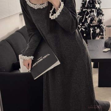 春秋季長袖睡裙女輕奢甜美蕾絲花邊長裙簡約韓系家居服露背睡衣裙居家服女生睡衣寬鬆睡裙居家服睡裙可愛睡裙