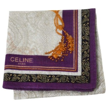 CELINE 優雅圖騰流蘇品牌字母LOGO圖騰帕領巾(灰色/紫邊/48CM)