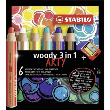 STABILO 思筆樂 woody 3 in 1 ARTY 可水洗水彩粉蠟筆 6支組/盒 ST8806-1-20