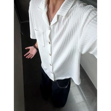 【夏季上新】肌理感老錢風領襯衫短袖男士夏季薄款寬鬆透氣慵懶高級感翻領襯衣
