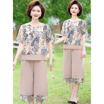 媽媽夏裝短袖兩件套闊太太氣質雪紡衫中老年女裝夏季上衣洋氣套裝