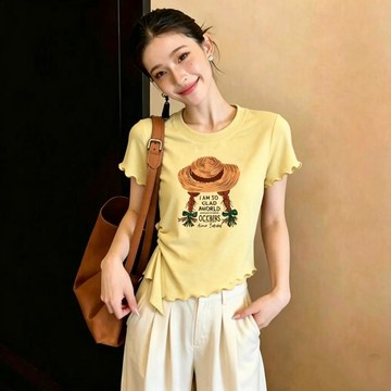 【JK極客】【人棉260克】夏木耳邊短袖T恤女圓領不規則上衣