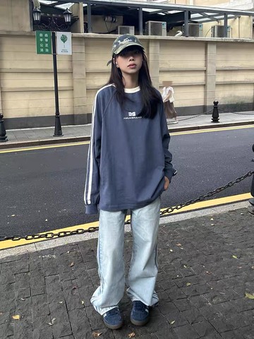 長袖t恤男美式復古體恤情侶潮牌上衣純棉織帶拼接寬松打底衫新款【倪樂】