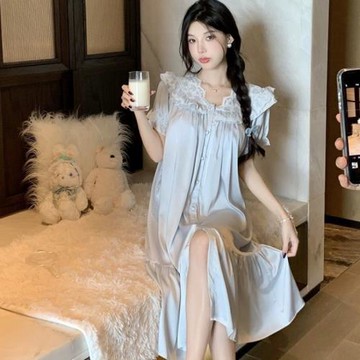 春夏季新款冰絲睡衣女法式睡裙高級感宮廷風短袖薄款家居服可外穿