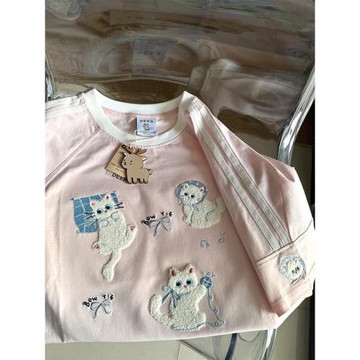 甜美可愛貓咪刺繡撞色短袖T恤男女美式寬松學院風情侶裝半袖上衣