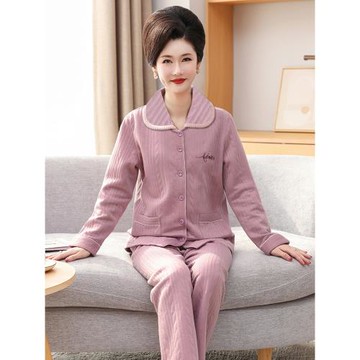 秋冬季中老年人睡衣女純棉長袖大碼中年媽媽空氣棉夾層家居服套裝