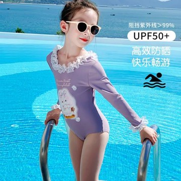 upf50+夏季卡通印花女童連體泳衣 洋氣花邊兒童泳裝女寶寶游泳衣