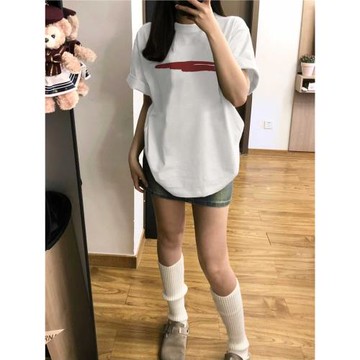 美式復古高街白色圓領正肩短袖t恤女夏季歐美潮牌oversize上衣ins