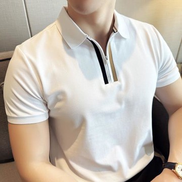拉鏈polo衫男短袖夏季新款高品質時尚潮流翻領修身英倫風休閑t恤