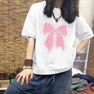 蝴蝶結印花 短袖T恤女 韓版上衣 寬鬆 大尺碼 夏季衣服 oversizeT恤 百搭上衣 純棉質感