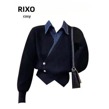 大碼假兩件不規則毛衣開衫外套針織打底衫內搭上衣