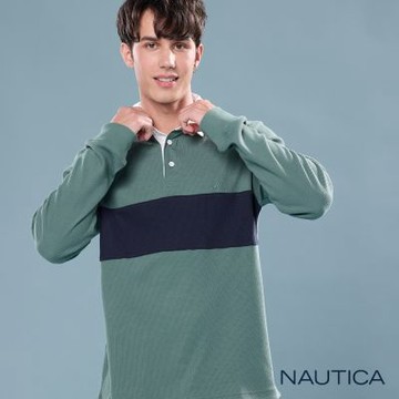 Nautica 官方旗艦 男裝 異材質領口長袖POLO衫-綠色